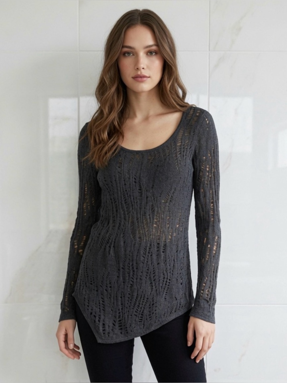 Express charcoal gray, long sleeve, open knit sweater size Medium